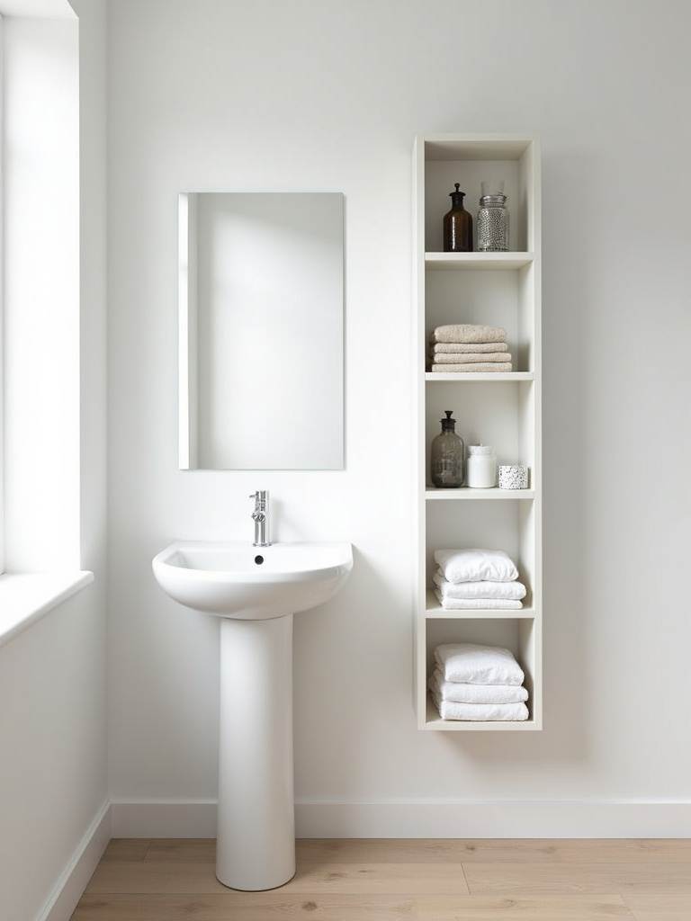 Bright and airy small modern bathroom featuring a slim white vertical shelving unit to the right of a pedestal sink. The shelves are neatly organized with towels and decorative containers, enhancing vertical space and contributing to the open feel.