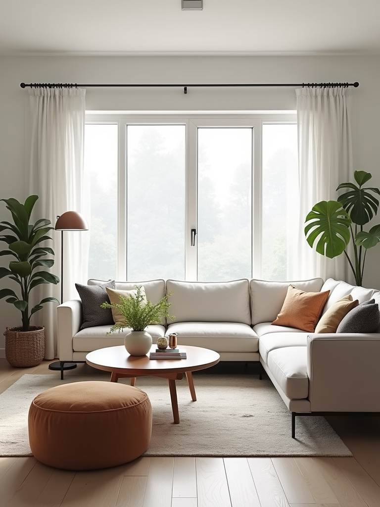 Modern living room with a newly rearranged furniture layout, emphasizing natural light and flow.