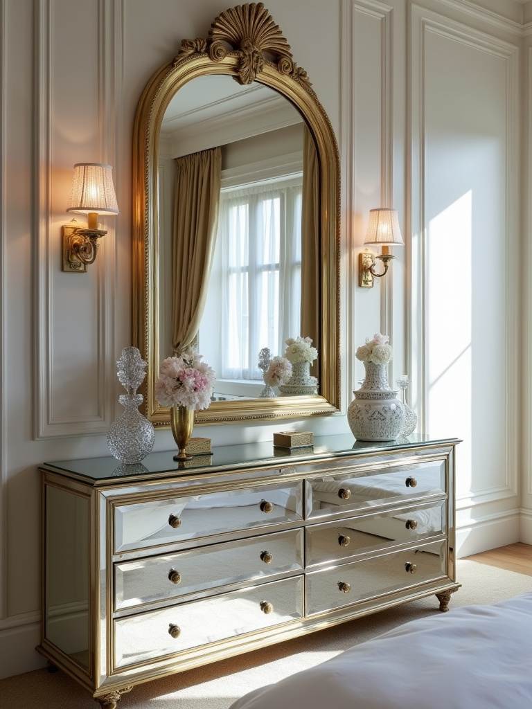 A luxury bedroom featuring strategically placed mirrors and mirrored furniture, maximizing light and creating an elegant atmosphere.