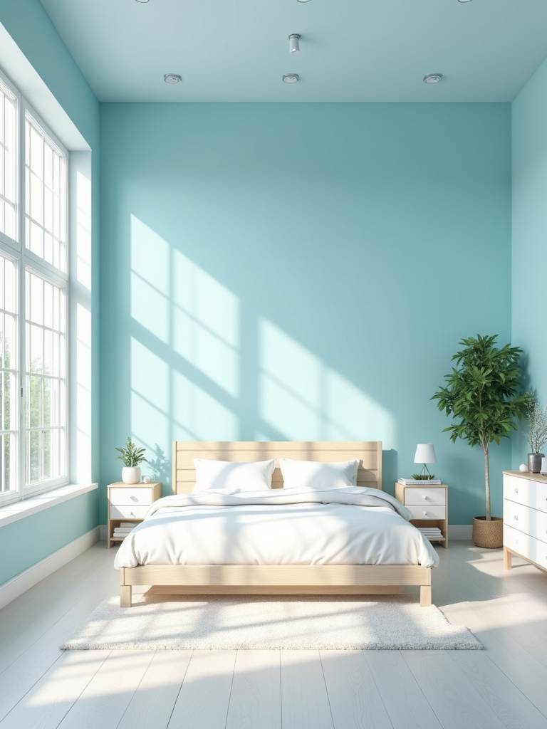 Bright and airy bedroom with walls painted in a refreshing light blue, large windows, minimalist furniture, and an overall open and spacious feel.