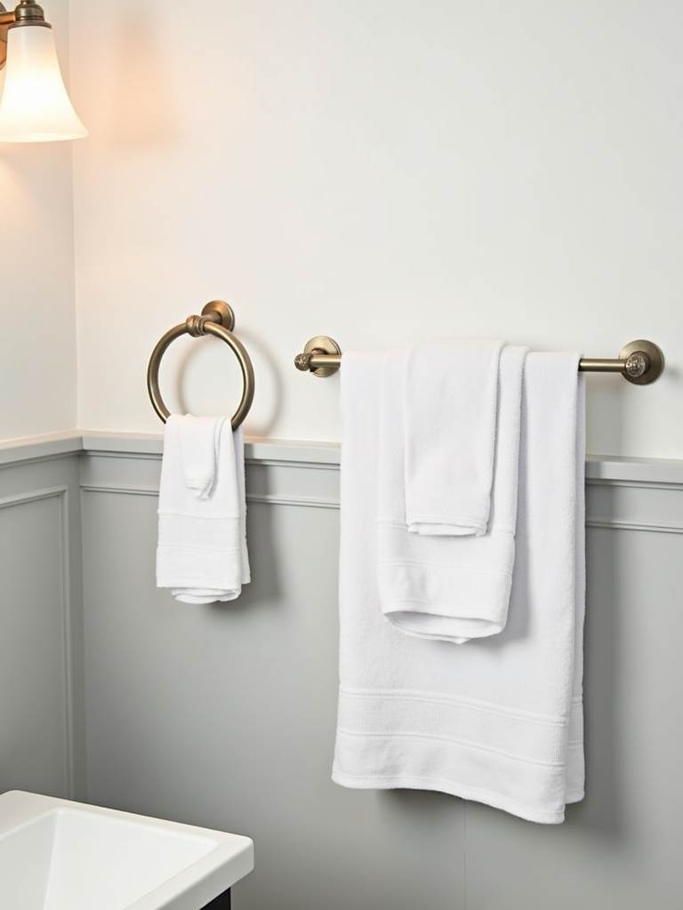 Bathroom wall with new brushed nickel towel bars and ring, a simple hardware refresh for style and function.