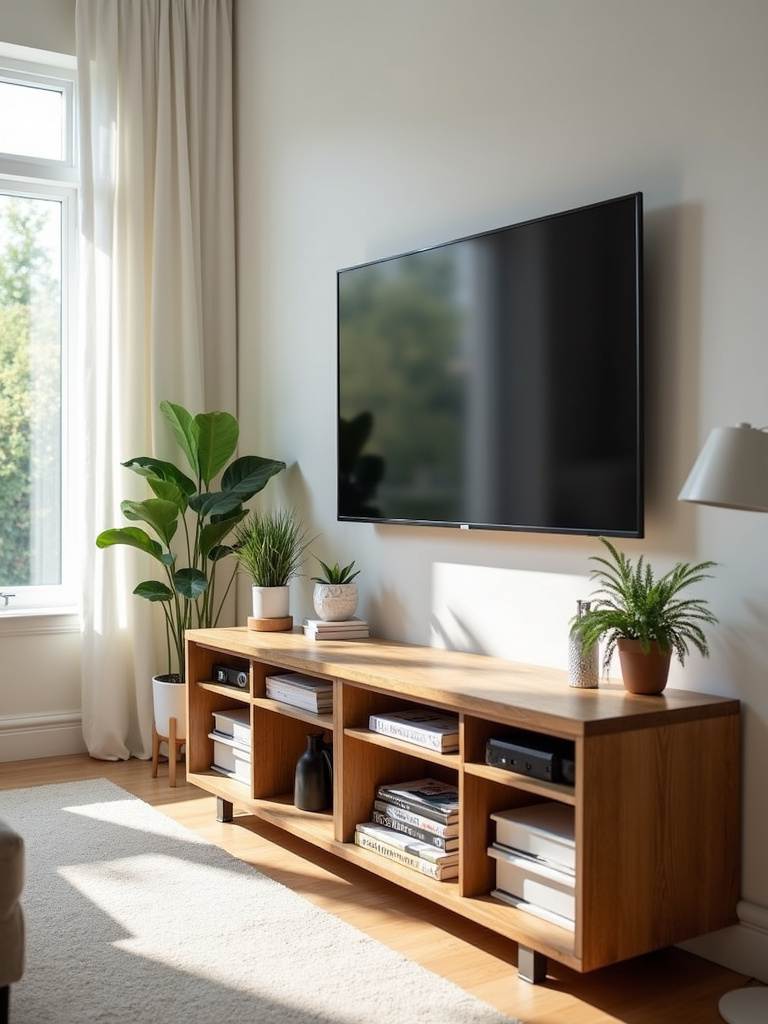 Repurposed bookshelf used as a media console in a bright living room.