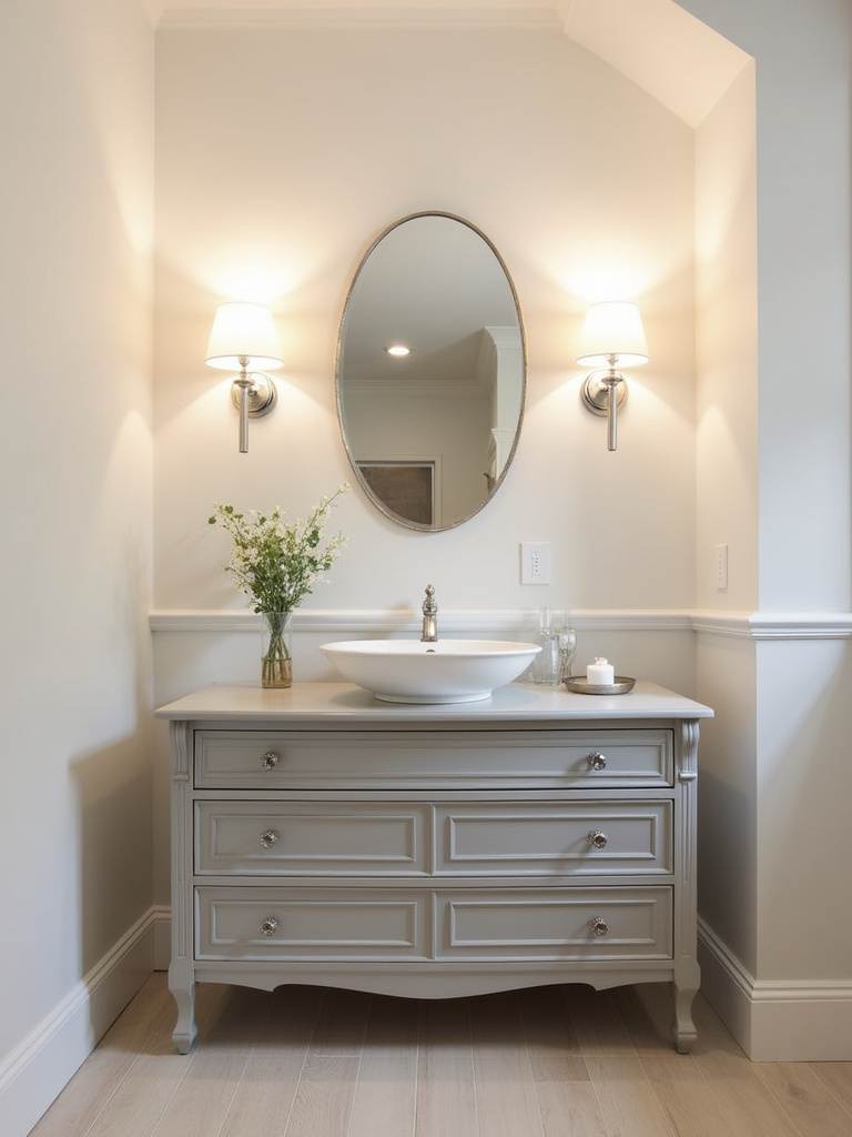 Bathroom with a repurposed vintage dresser as a vanity, a unique and budget-friendly furniture makeover.