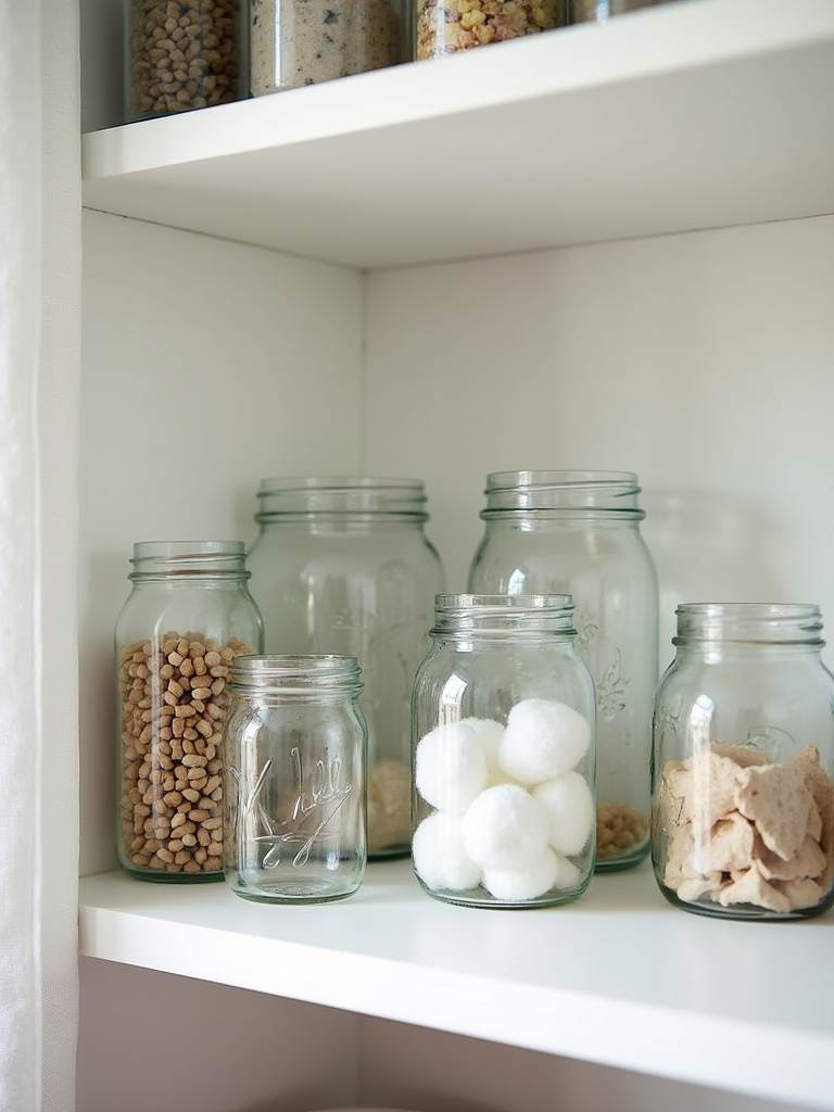 Living room shelf styled with repurposed glass jars and containers used for stylish and organized storage.