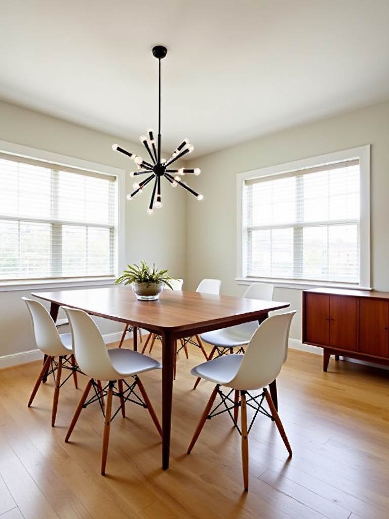 “Mid-Century Modern dining room with a walnut table, Eames chairs, Sputnik chandelier, teak sideboard, and large window.”