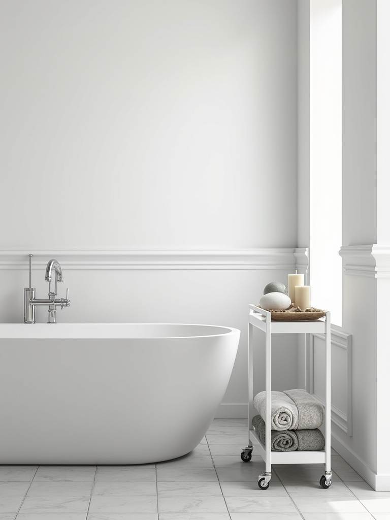 Small modern bathroom featuring a slim white metal rolling cart next to the bathtub, providing mobile and flexible storage for bath essentials in the minimalist light grey and white space.