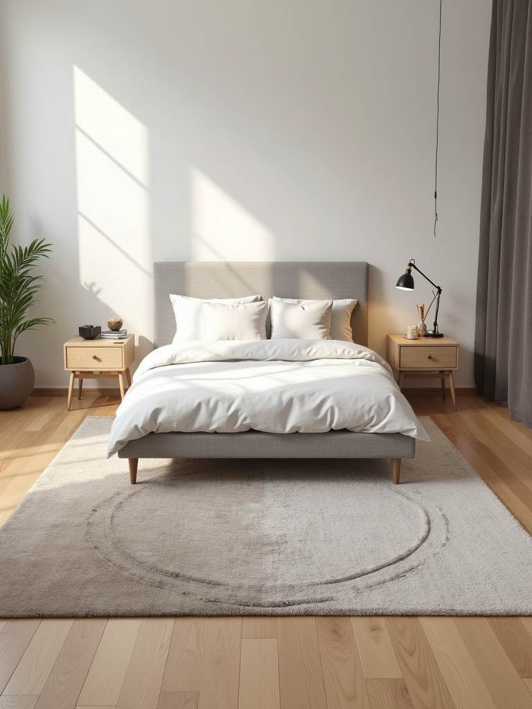 Small bedroom with a large neutral area rug defining the bed area, adding warmth and visual interest.