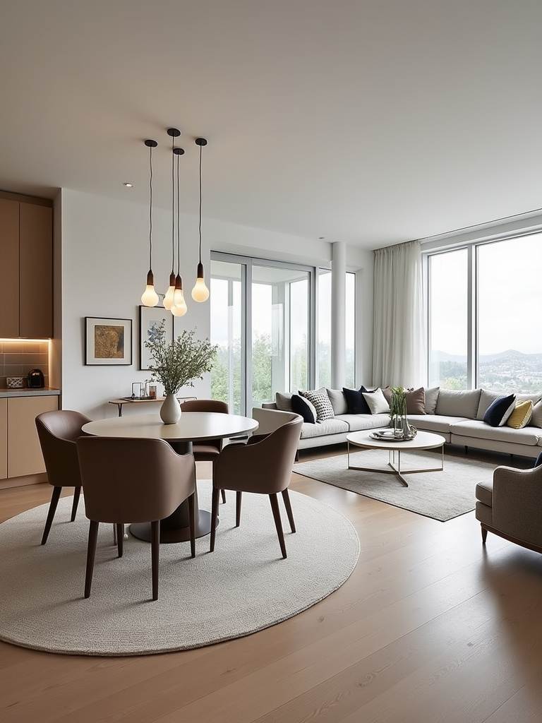 “Open concept living space with a dining area defined by pendant lights and a rug, seamlessly integrated with the kitchen and living room.”