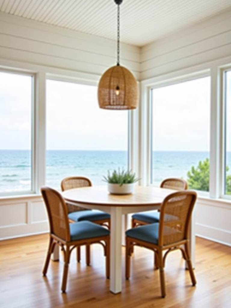 “Coastal dining room with a light wood table, rattan chairs, seagrass pendant light, shiplap walls, and ocean views.”