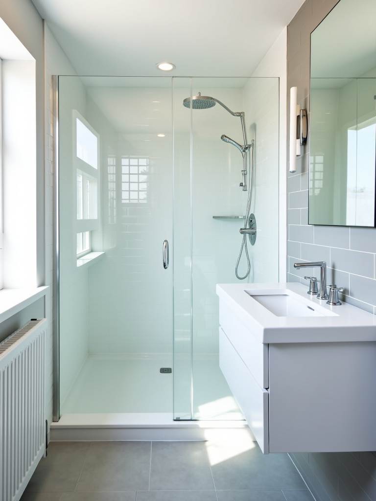 Small contemporary bathroom with a clear glass shower enclosure in the corner, maximizing visual space and light flow, complemented by white subway tiles and a floating vanity.