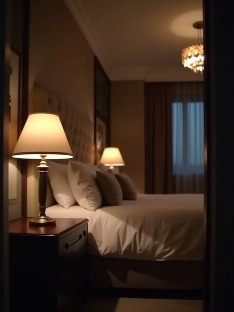 A luxury bedroom at night, illuminated by soft, ambient lighting from bedside lamps and a dimmed chandelier, creating a warm and inviting atmosphere.