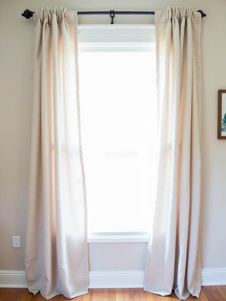 Living room window with simple DIY panel curtains made from a light linen-blend fabric.