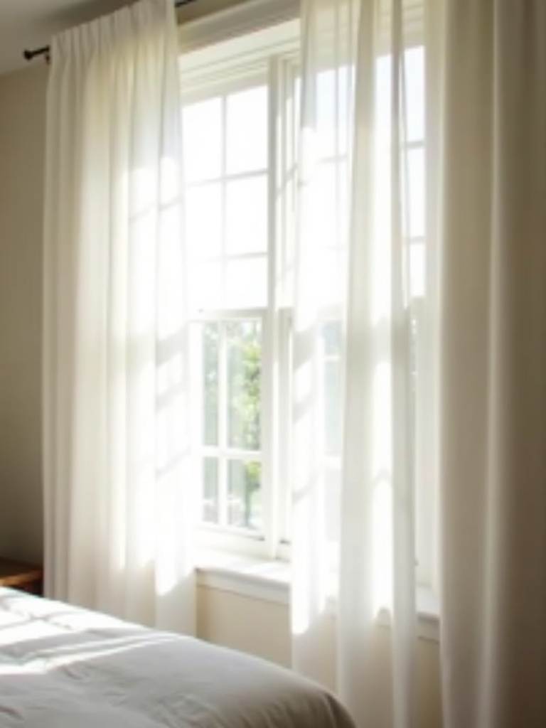 Bedroom window with sheer white curtains filtering soft sunlight.