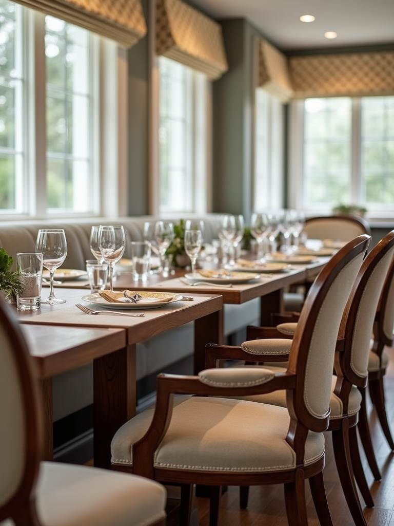 “Dining room with comfortable seating, featuring upholstered chairs with armrests and a cushioned bench, creating a relaxed and inviting dining experience.”