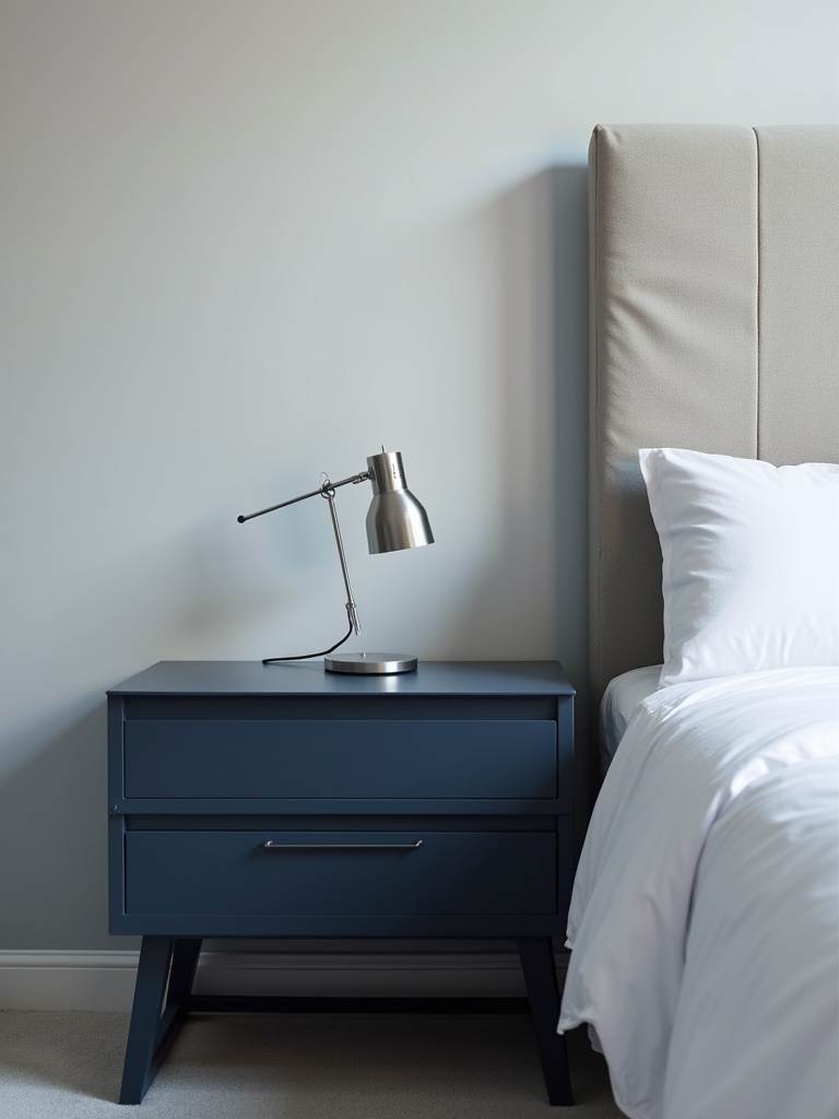 Modern bedroom bedside with a sleek dark blue nightstand, minimalist silver lamp, crisp white bedding, and soft room lighting.