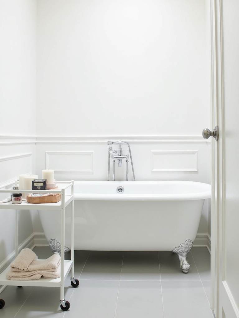 Small modern bathroom featuring a slim white metal rolling cart next to the bathtub, providing mobile and flexible storage for bath essentials in the minimalist light grey and white space.