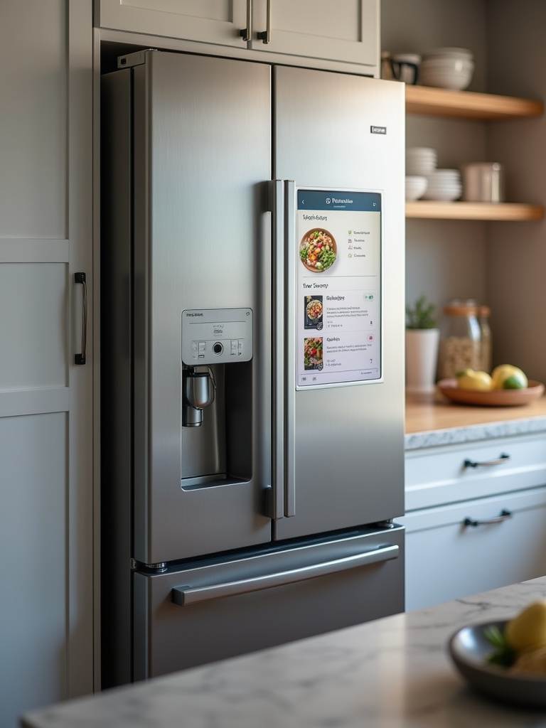 Stainless steel smart refrigerator with a touchscreen display showing a recipe.