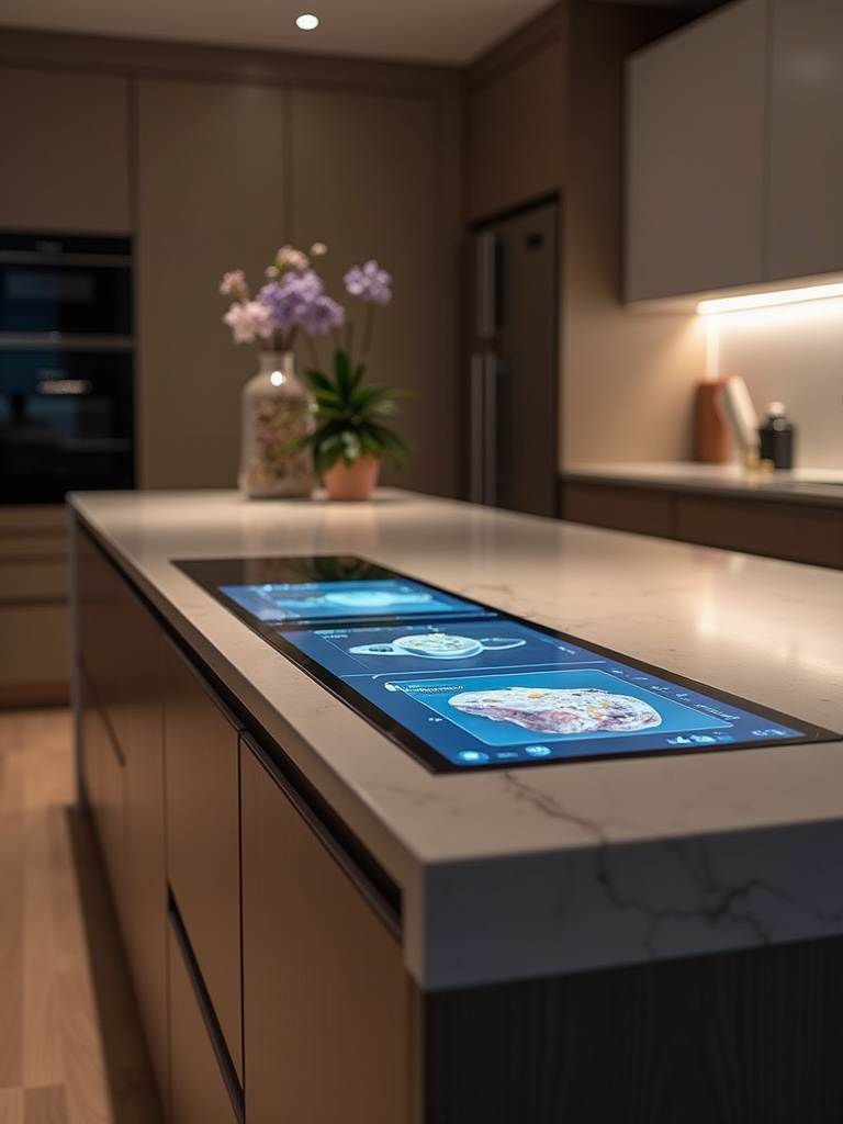 A modern luxury kitchen features a smart touchscreen display seamlessly integrated into the kitchen island countertop, showcasing a recipe app and highlighting the kitchen’s smart technology integration.