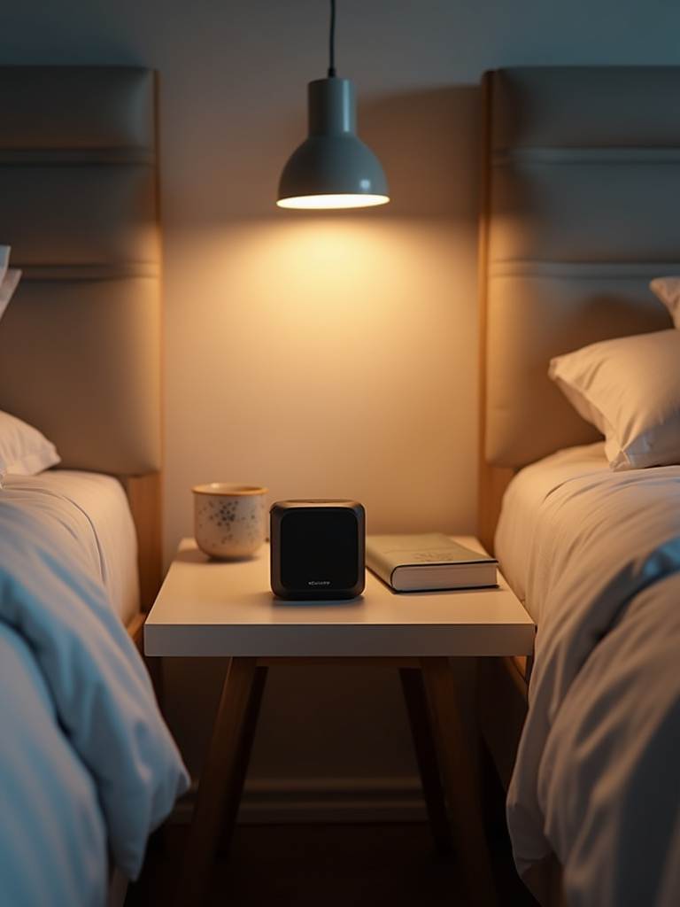 Bedside table with a Bluetooth speaker suggesting soft music creating a romantic ambiance.