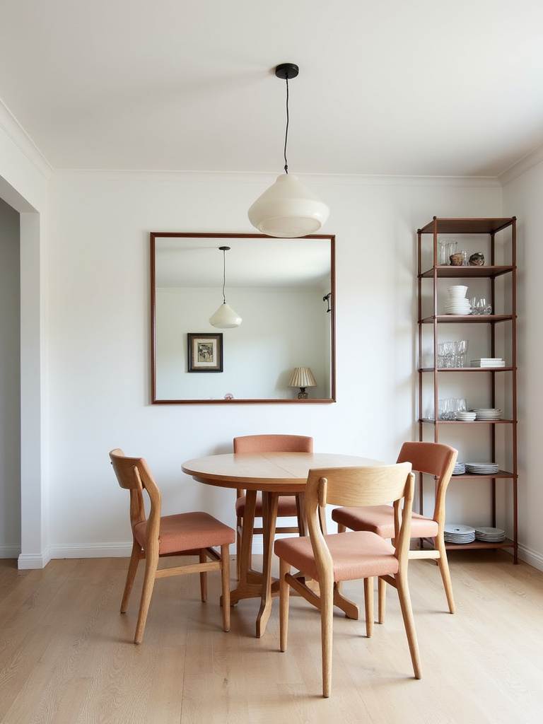 “Small dining room with a round extendable table, stackable chairs, wall-mounted shelving, large mirror, and light color palette.”
