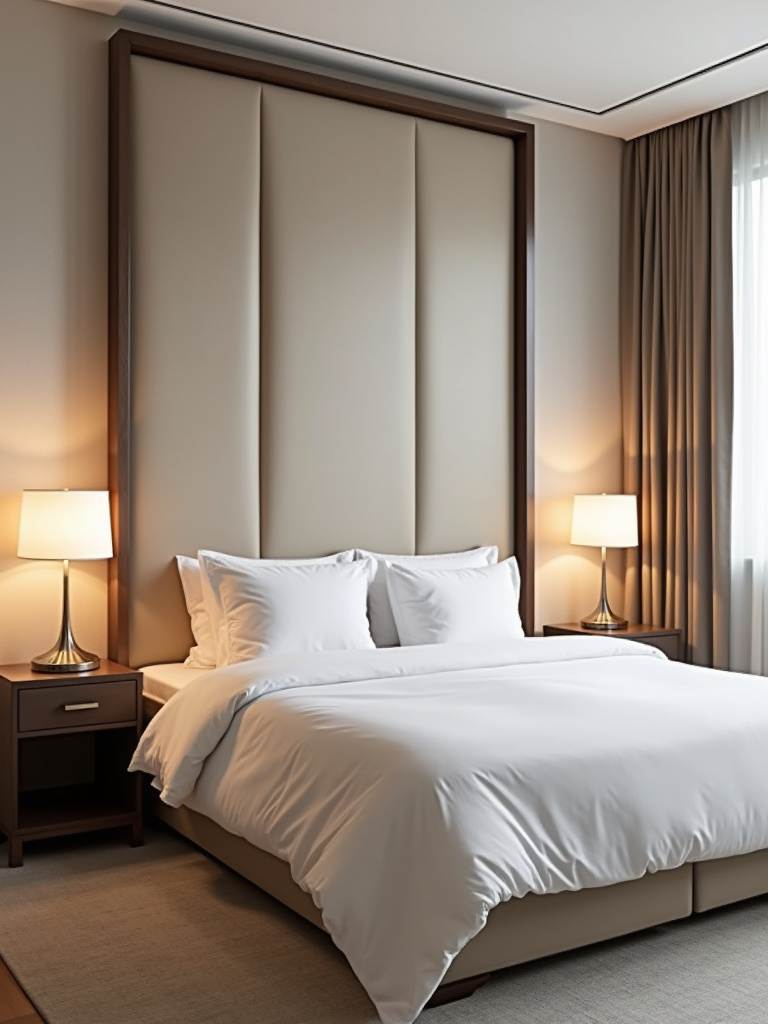 Small bedroom with a tall beige upholstered statement headboard, adding personality and style without clutter.