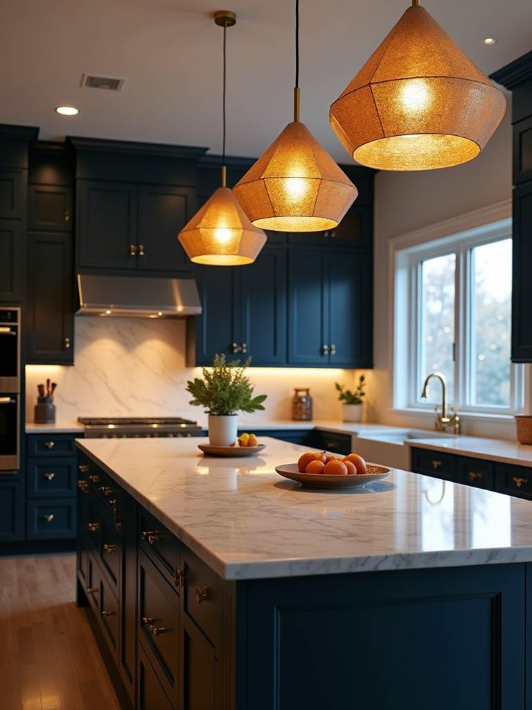 Modern kitchen island illuminated by three large geometric statement pendant lights.
