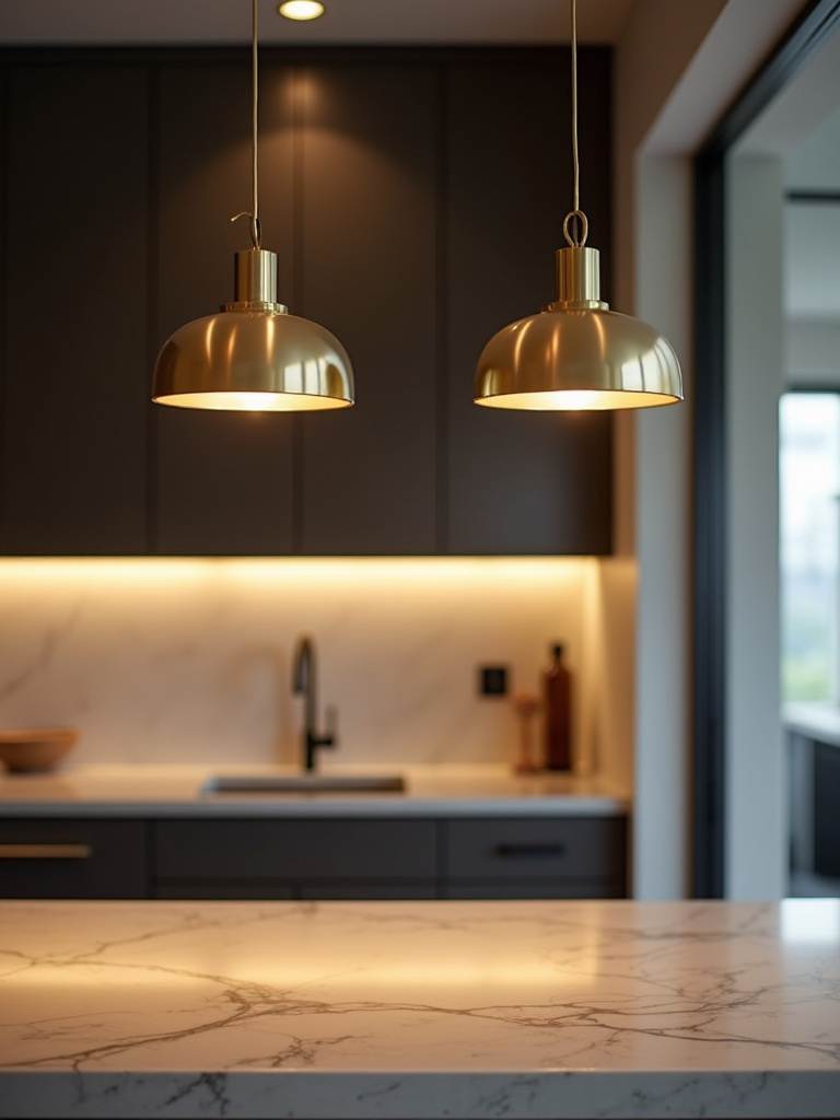 Statement pendant lights with a brushed brass minimalist design hang above a luxury kitchen island, casting warm and inviting light onto the countertop below.
