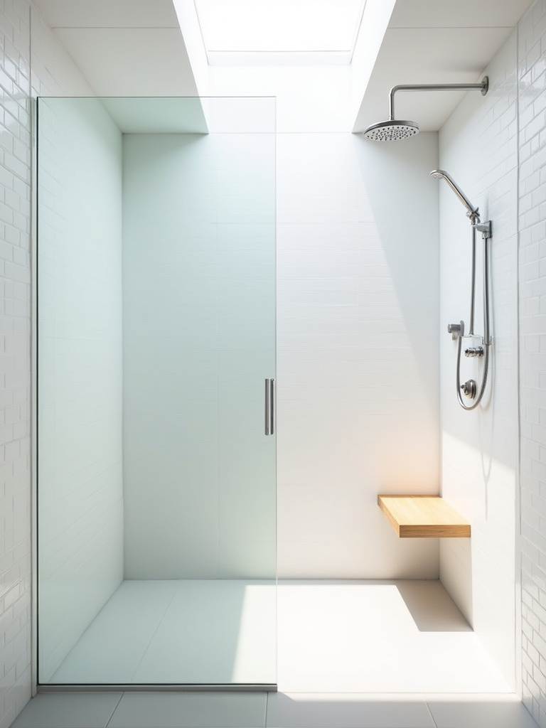 Small minimalist bathroom with a curbless walk-in shower featuring a clear glass panel and light wood bench, maximizing spaciousness and accessibility in the bright white and light grey room.