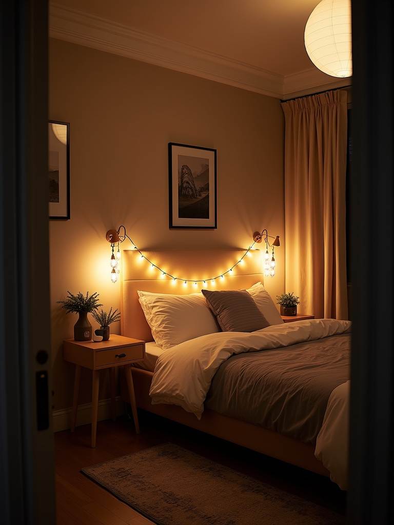 Small bedroom at night with layered lighting, including ceiling light, bedside lamps, and string lights, creating a warm ambiance.