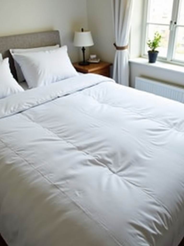 Close-up of a neatly made bed with white streamlined bedding and a simple grey duvet cover in a small bedroom.