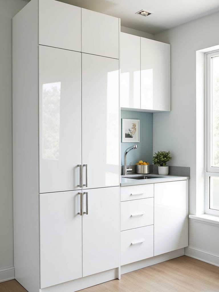 Modern minimalist kitchen with white streamlined cabinetry and integrated appliances.