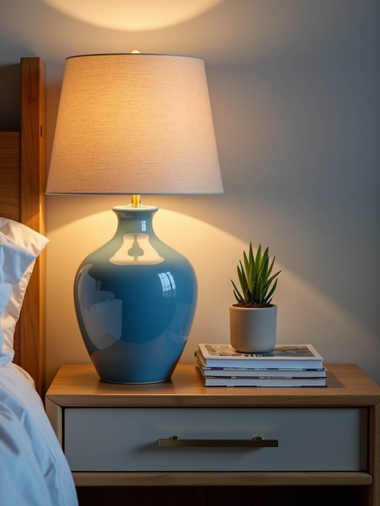 Bedside table setup featuring a stylish blue ceramic lamp with a neutral lampshade, books, a small plant, and warm, inviting lighting.