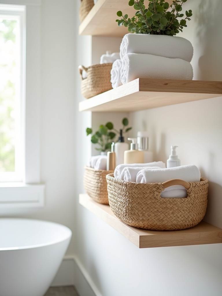 Bathroom open shelving with stylish seagrass storage baskets, a functional and decorative organization solution.