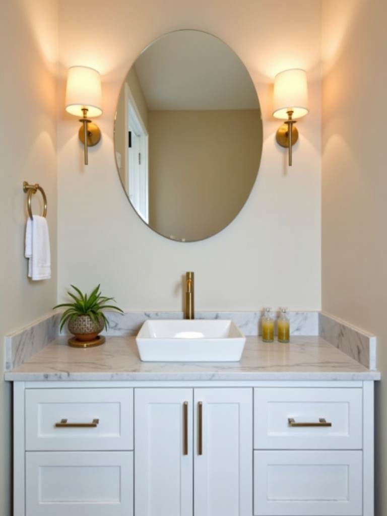 Modern bathroom vanity with updated brushed gold sconces, a bright and budget-friendly lighting upgrade.