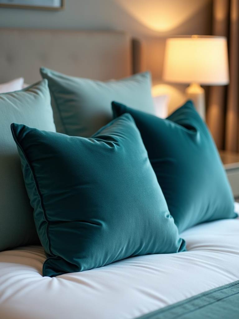 Close-up of teal velvet throw pillows arranged on a bed with white and light gray bedding, illuminated by warm bedside lamp light.