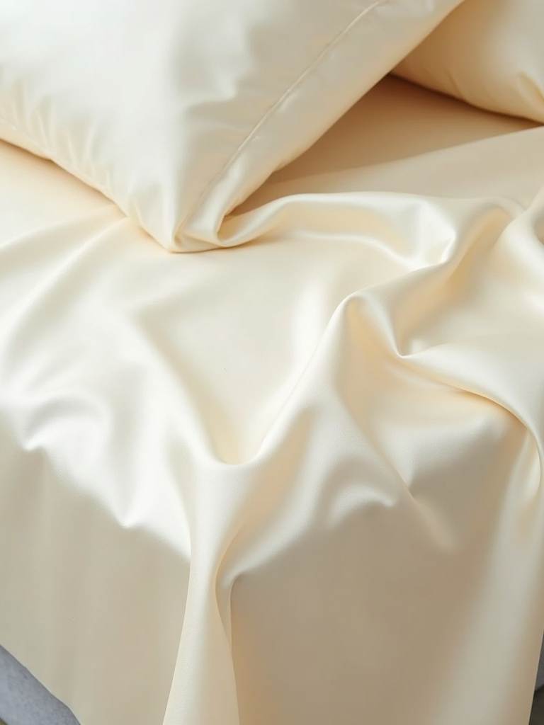 Close-up of cream-colored silk sheets highlighting their smooth texture.