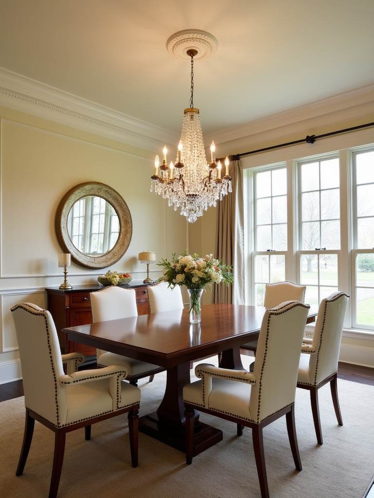 “Classic traditional dining room with a mahogany dining table, upholstered chairs, crystal chandelier, and warm cream walls.”