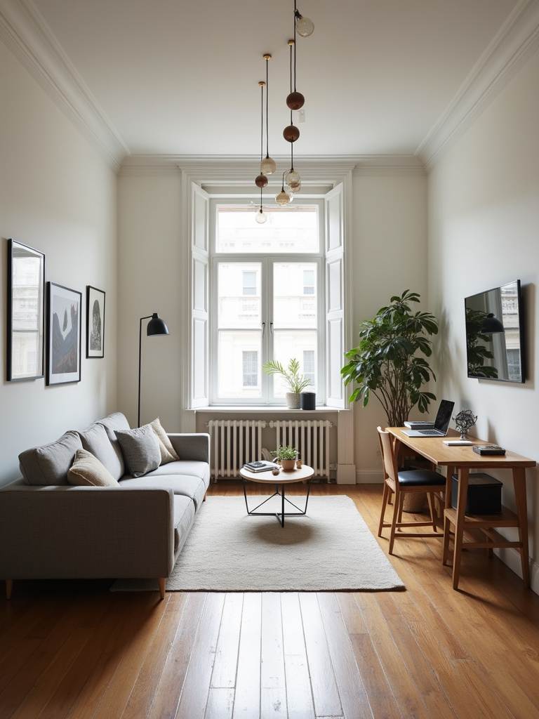 Contemporary living room with a long and narrow shape transformed by clever zoning and furniture placement to create functional and distinct areas.