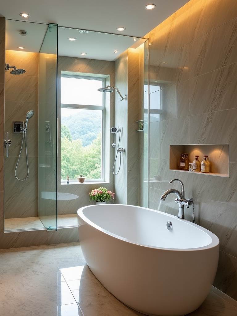 A luxury spa-inspired bathroom featuring a modern freestanding tub, steam shower, natural stone finishes, and ambient lighting creating a serene atmosphere.