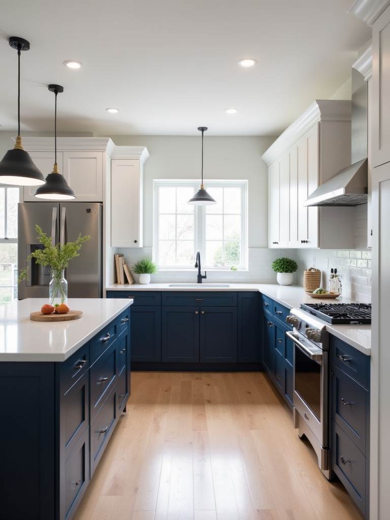 Modern two-tone kitchen with white upper cabinets and navy blue lower cabinets.