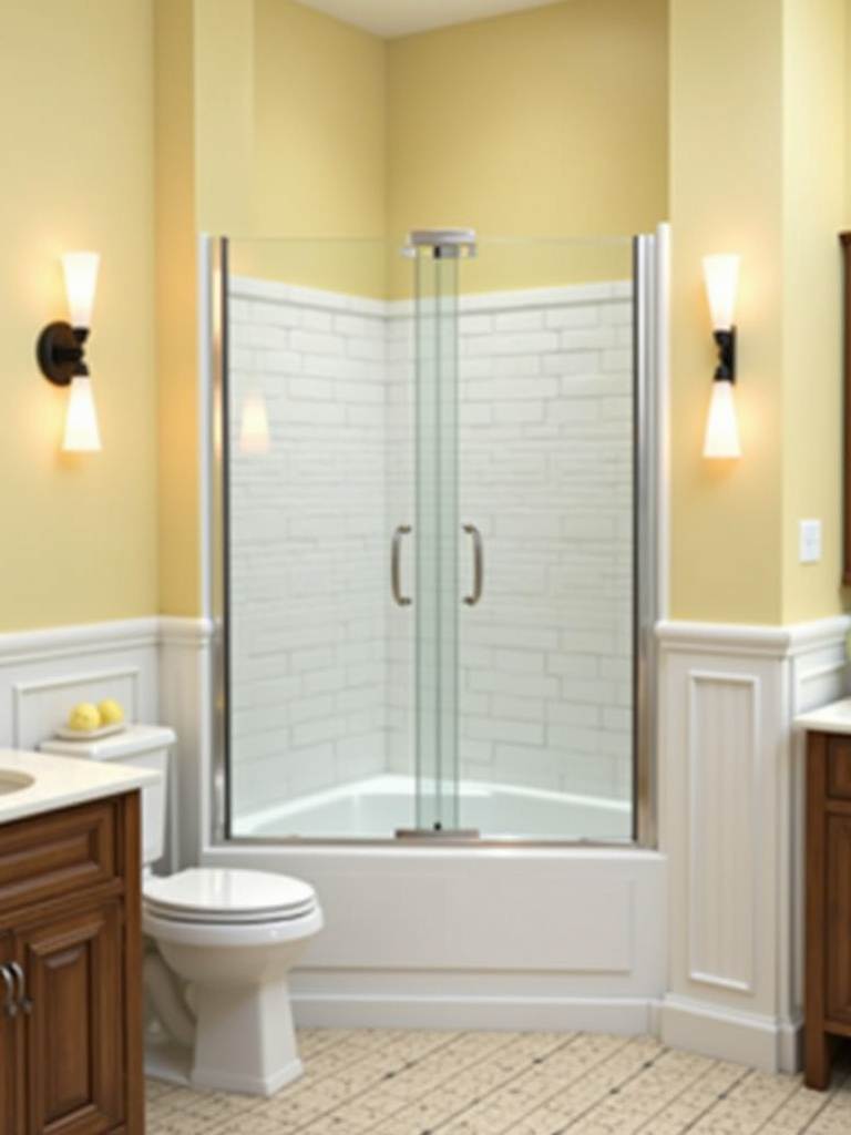 Small traditional bathroom featuring a white shower-tub combo with glass doors and white subway tile surround, offering a practical two-in-one solution in the light yellow and white room.