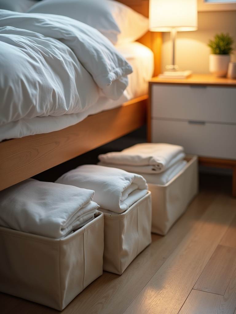 Close-up showing organized fabric storage containers under a bed in a small bedroom, maximizing hidden storage.