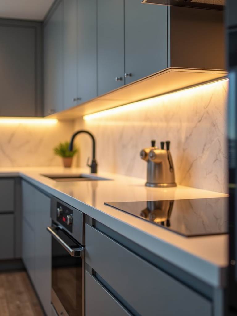 Modern kitchen countertop illuminated by warm and functional under-cabinet lighting.