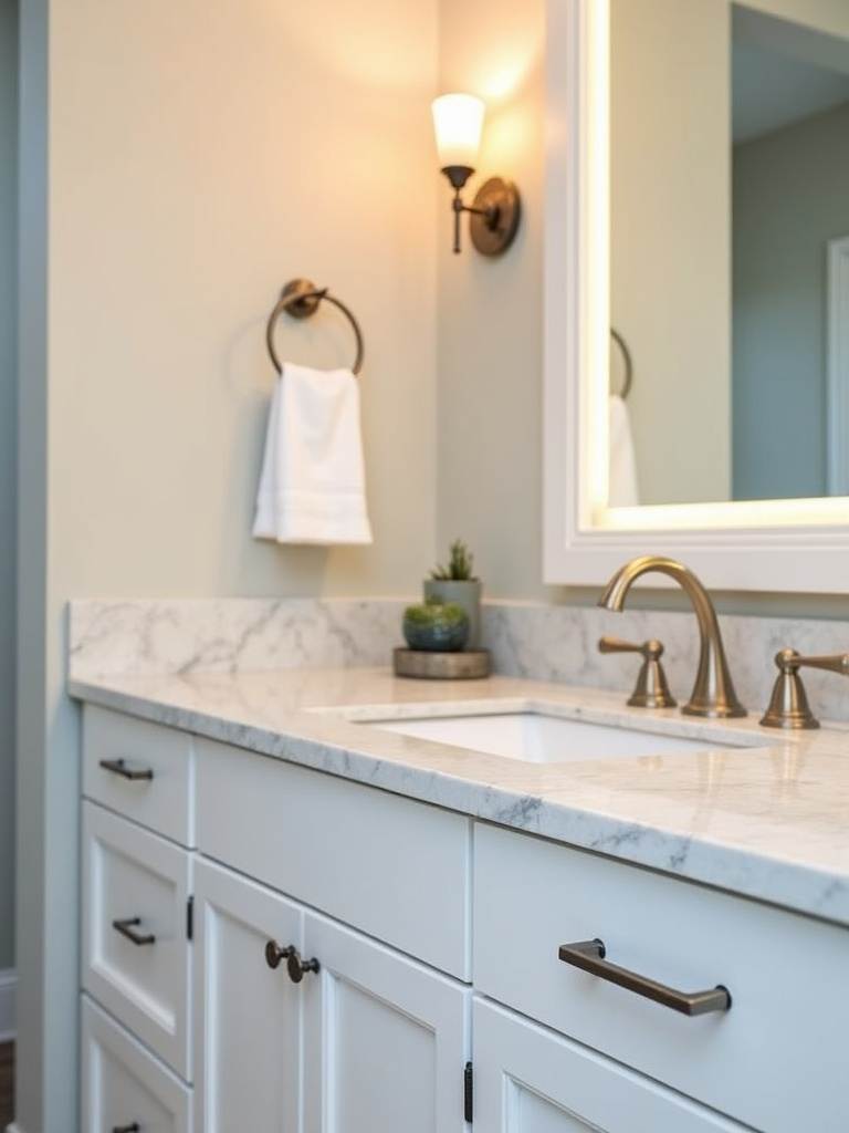 Bathroom vanity with updated brushed nickel hardware, a budget-friendly upgrade.