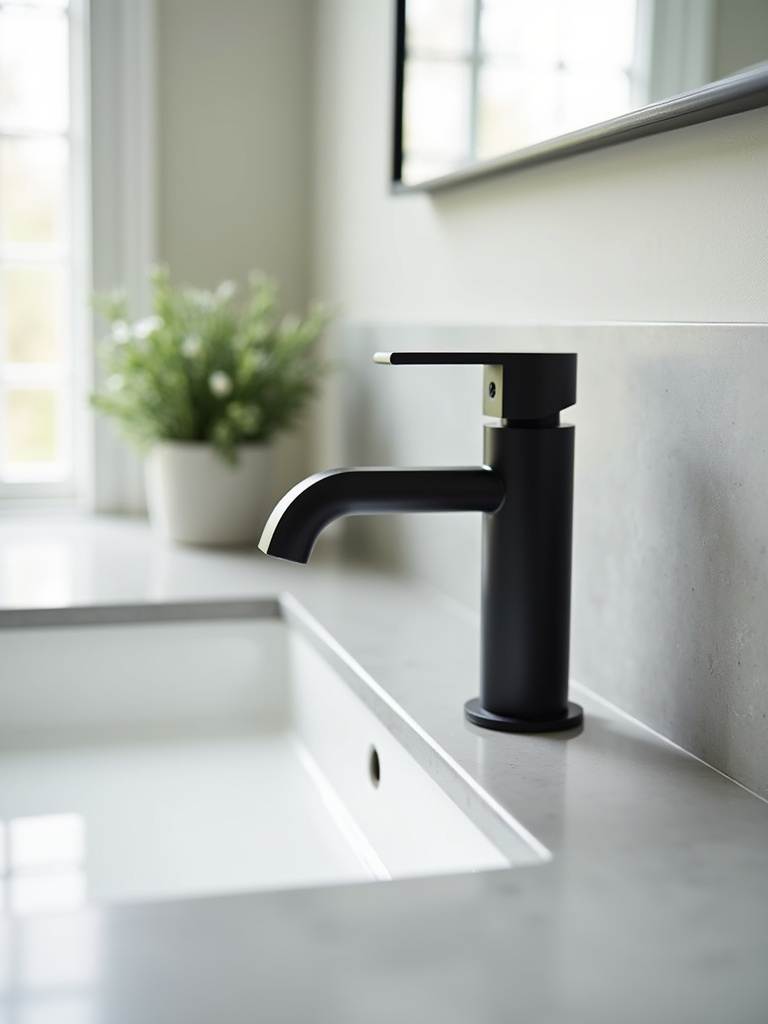 Bathroom vanity with a new modern matte black faucet, a stylish and functional upgrade.