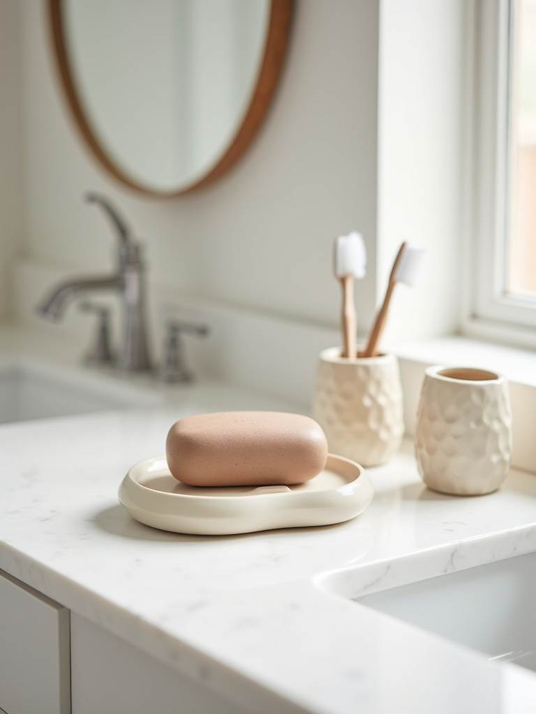 Bathroom vanity with a stylish ceramic soap dish and toothbrush holder set, cohesive accessories for an elevated look.