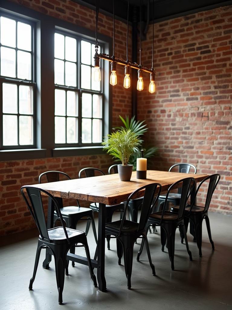 “Industrial dining room with a reclaimed wood and metal table, metal chairs, factory pendant lights, exposed brick wall, and concrete floors.”