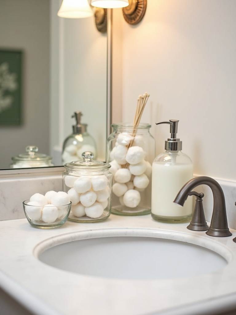 Bathroom vanity countertop with decorative glass jars and dispensers, elevating everyday toiletries with style.