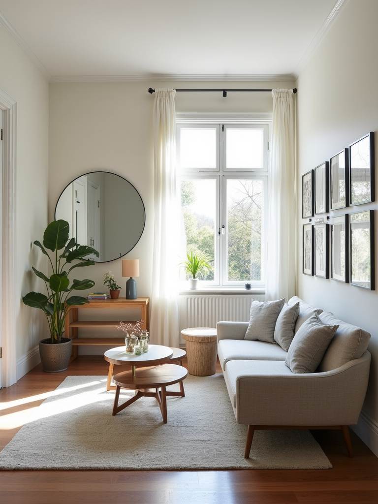 Small living room made to feel spacious with strategically placed mirrors reflecting light and expanding the visual space.
