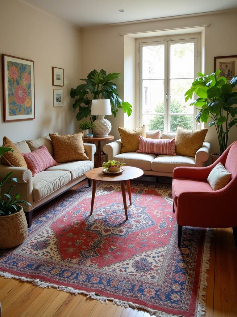 Bohemian style living room with a large patterned area rug effectively defining the seating zone and adding warmth to the layout.